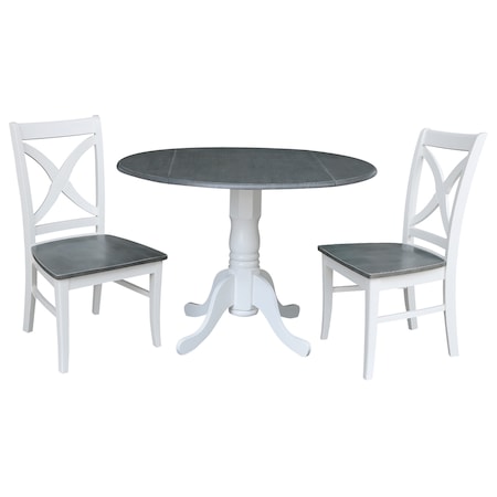 International Concepts Round 42 in. Dual Drop Leaf Dining Table with 2 X-back Chairs - 3 Piece Dining Set, 42 in W, Wood K05-42DP-C14P